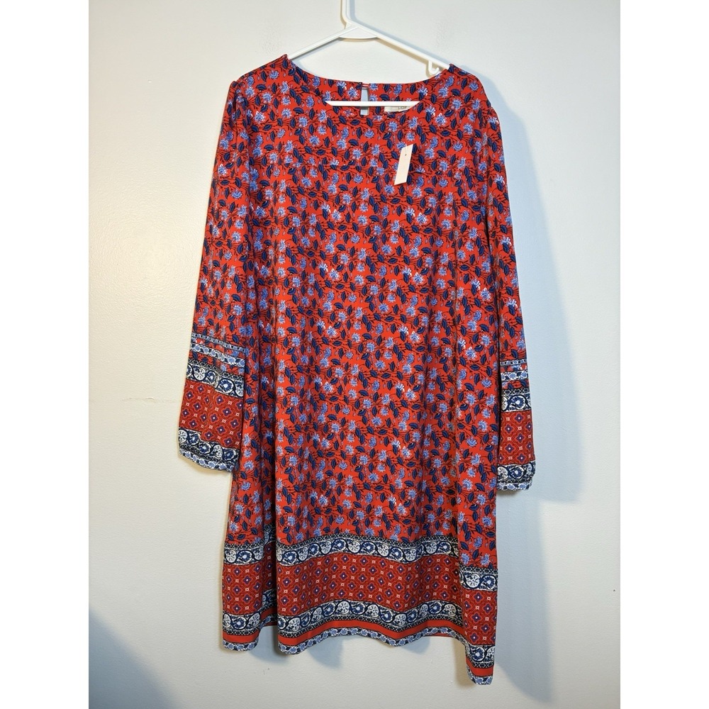 LOFT Red Floral Long Sleeve Shift Dress